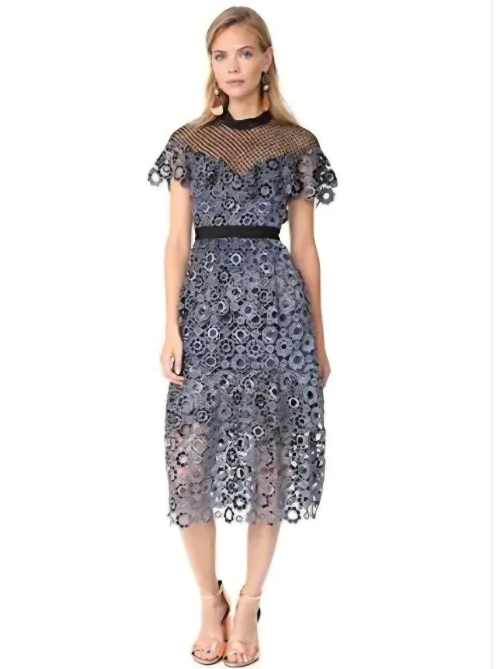 NWT Self-Portrait Sweetheart Yoke Frill Lace Midi Dress Slate Blue